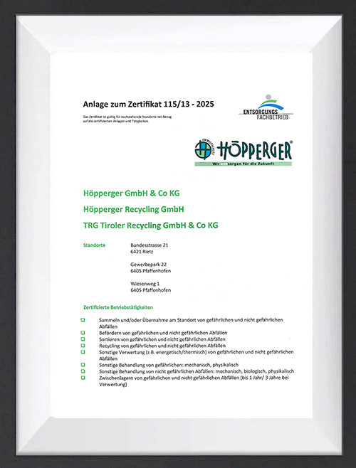 Höpperger Umweltschutz, Zertifikate