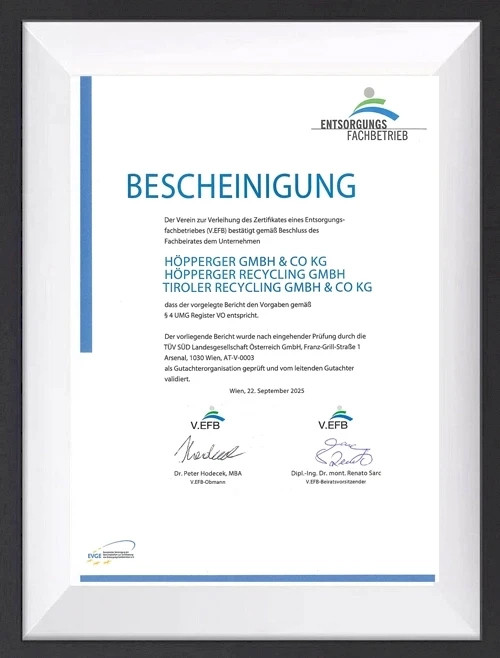 Höpperger Umweltschutz, Zertifikate